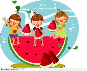 儿童吃瓜插画图,儿童吃瓜插画，描绘夏日欢乐时光